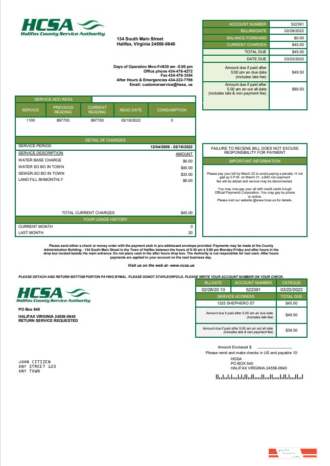 USA Virginia HCSA utility bill template in Word and PDF format